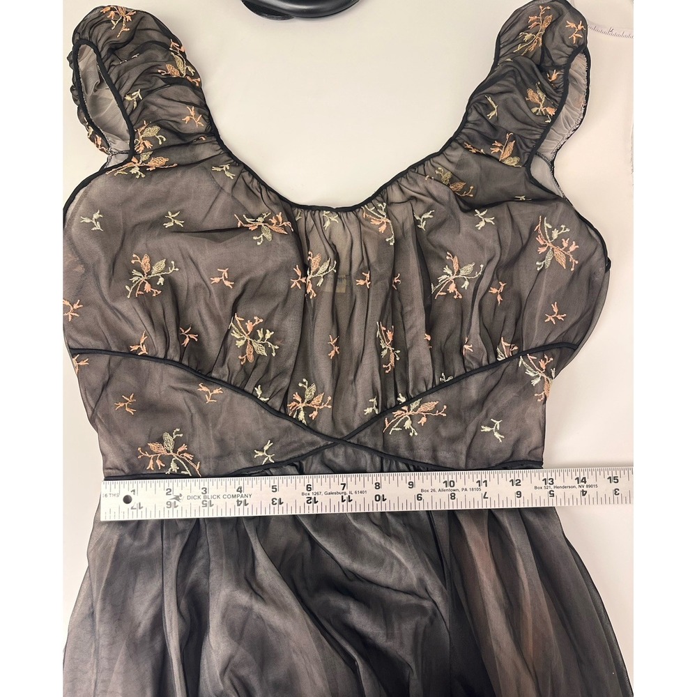 Vintage Sheer Nightgown Black Blush 38 Embroidered 50s Cinderella Full Floral - Picture 12 of 13